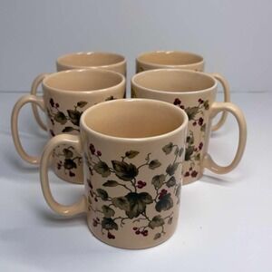 Set of 5 Waverly Garden Room Mugs 4" Made in Poland Ivy With Red Berries